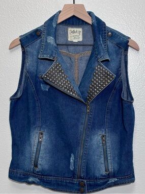 Dolled Up Studded Denim Moto Vest XL Distressed Biker Zip Punk Grunge